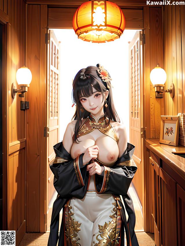 A woman in a kimono is standing in a hallway.