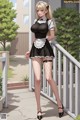 A woman in a maid outfit is standing on a porch.