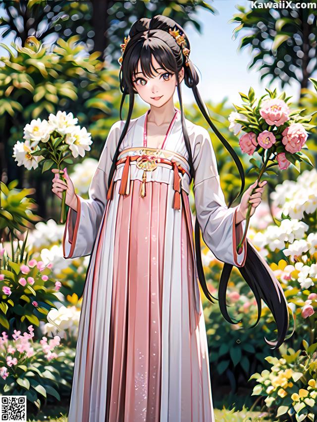 A woman in a pink dress holding a bunch of flowers.