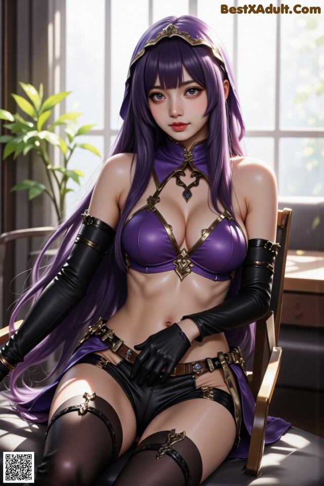 A woman in a purple outfit sitting on a chair.