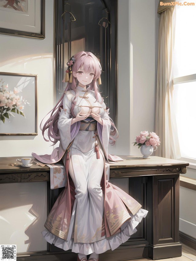 A woman in a kimono sitting at a table in front of a window.